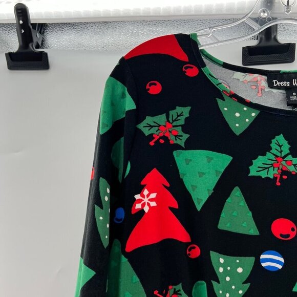 Dress Works Women's Christmas Print 3/4 Sleeve Shift Dress Black/Multi Medium - Picture 3 of 9